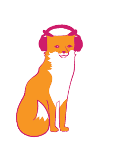 Illustration of a fox dressed as a podcaster, wearing headphones and speaking into a microphone, representing the LIFTS/Mother Love podcast.
